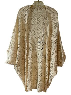 KYE MI Boho Open-Front 100% Cotton Knit Crochet Cardigan in Cream